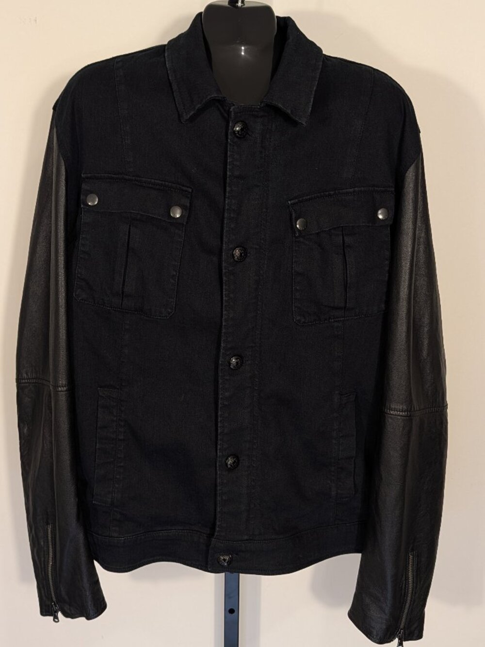 John Varvatos Star U.S.A. Leather Sleeve Denim Jacket | Black | XXL